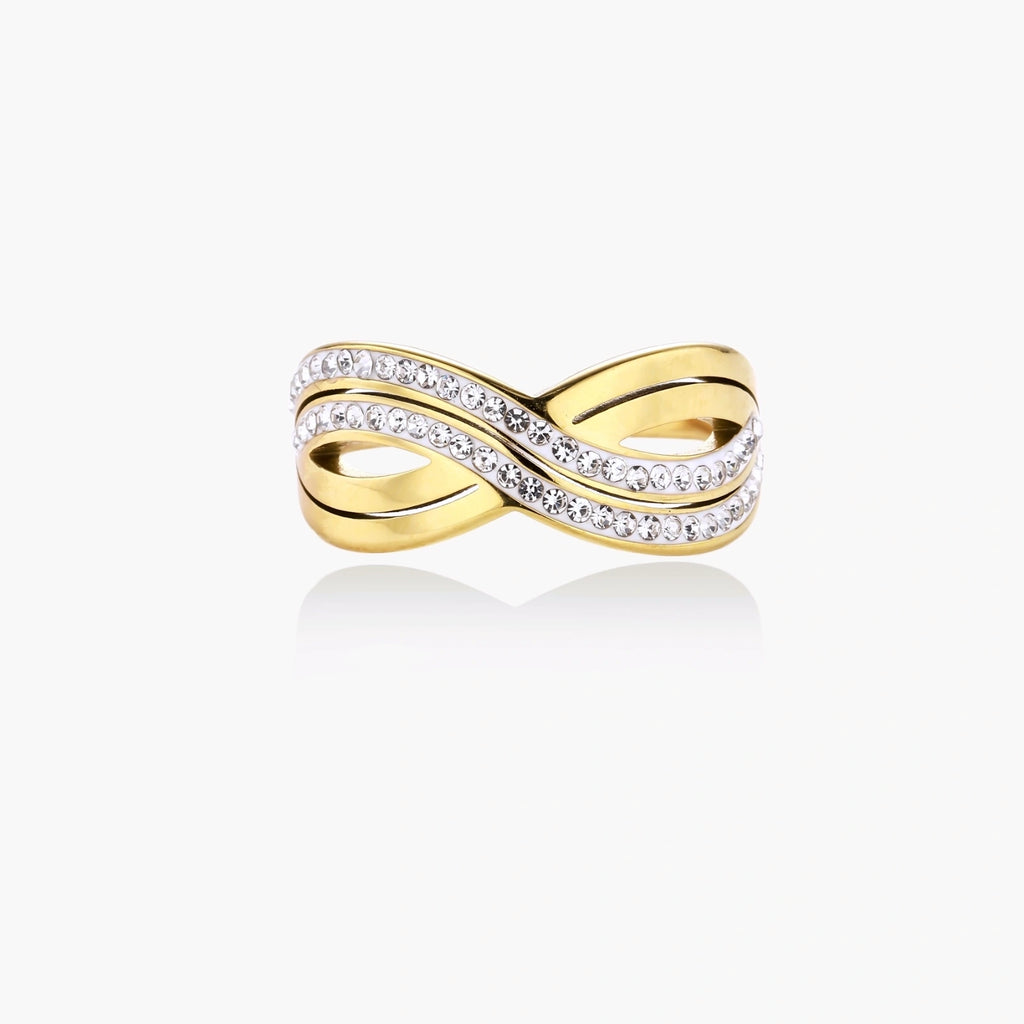 Gold-plated ring with interweaving wave bands and two rows of clear rhinestones creating an infinity pattern