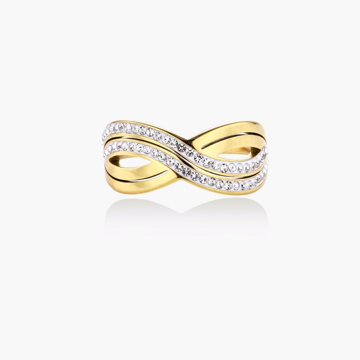 Gold-plated ring with interweaving wave bands and two rows of clear rhinestones creating an infinity pattern