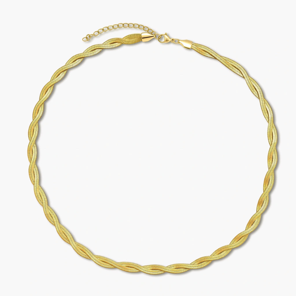 18K gold-plated twisted double herringbone snake chain necklace with lobster clasp and extender on white background.