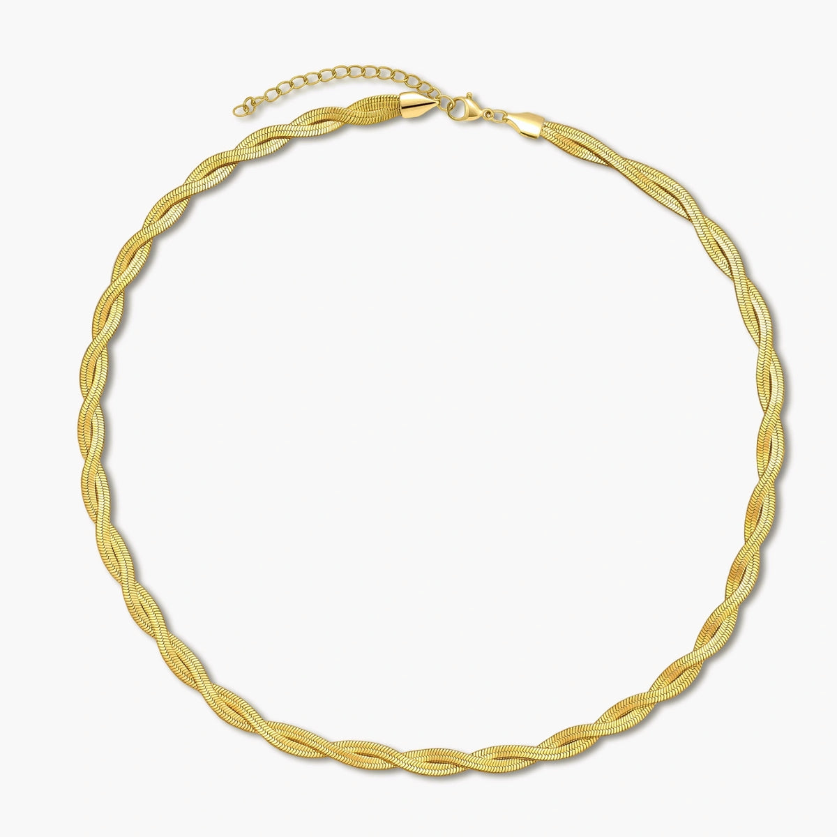 18K gold-plated twisted double herringbone snake chain necklace with lobster clasp and extender on white background.