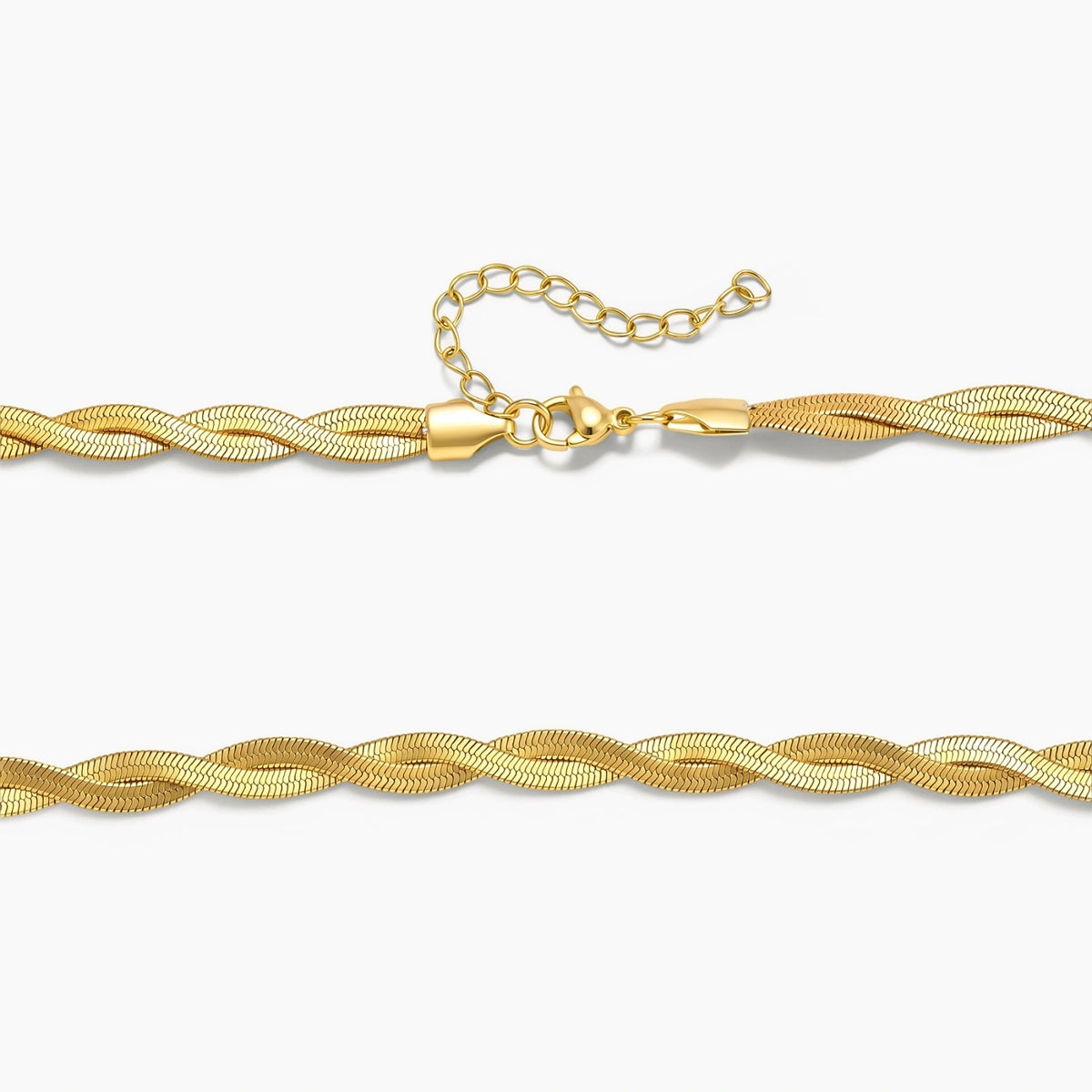 18K gold-plated twisted double herringbone snake chain necklace with lobster clasp and extender on white background.