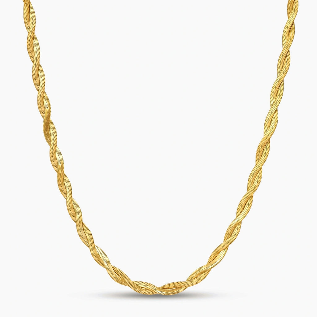 18K gold-plated twisted double herringbone snake chain necklace with lobster clasp and extender on white background.