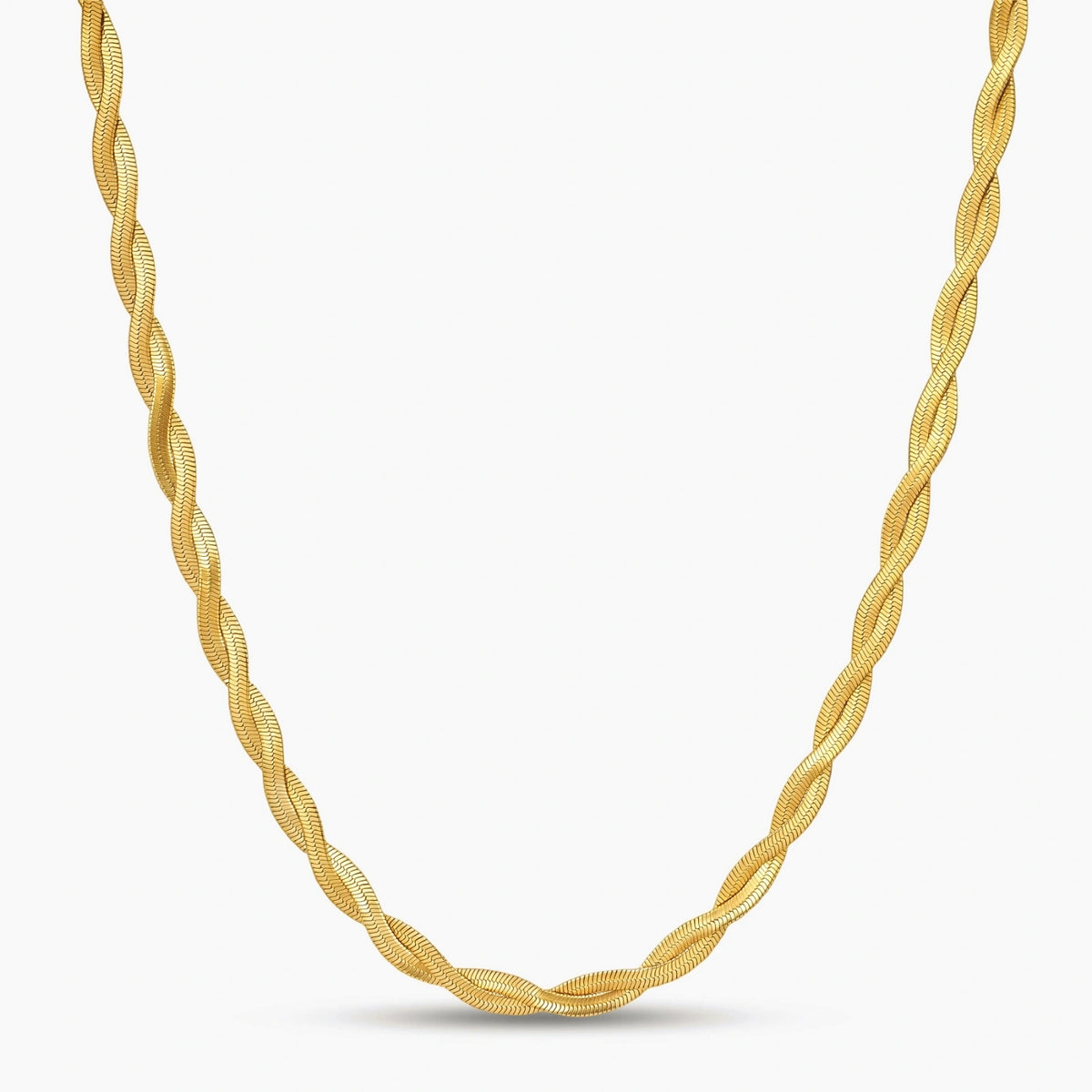 18K gold-plated twisted double herringbone snake chain necklace with lobster clasp and extender on white background.