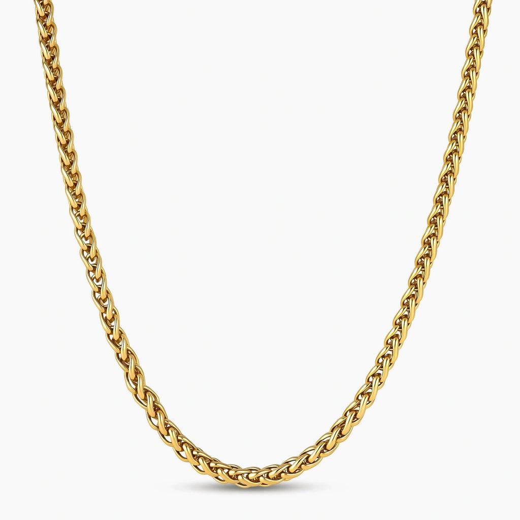 18K gold-plated stainless steel wheat chain necklace, 4.2mm wide, with lobster clasp, on off-white background.