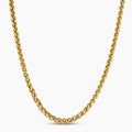 18K gold-plated stainless steel wheat chain necklace, 4.2mm wide, with lobster clasp, on off-white background.