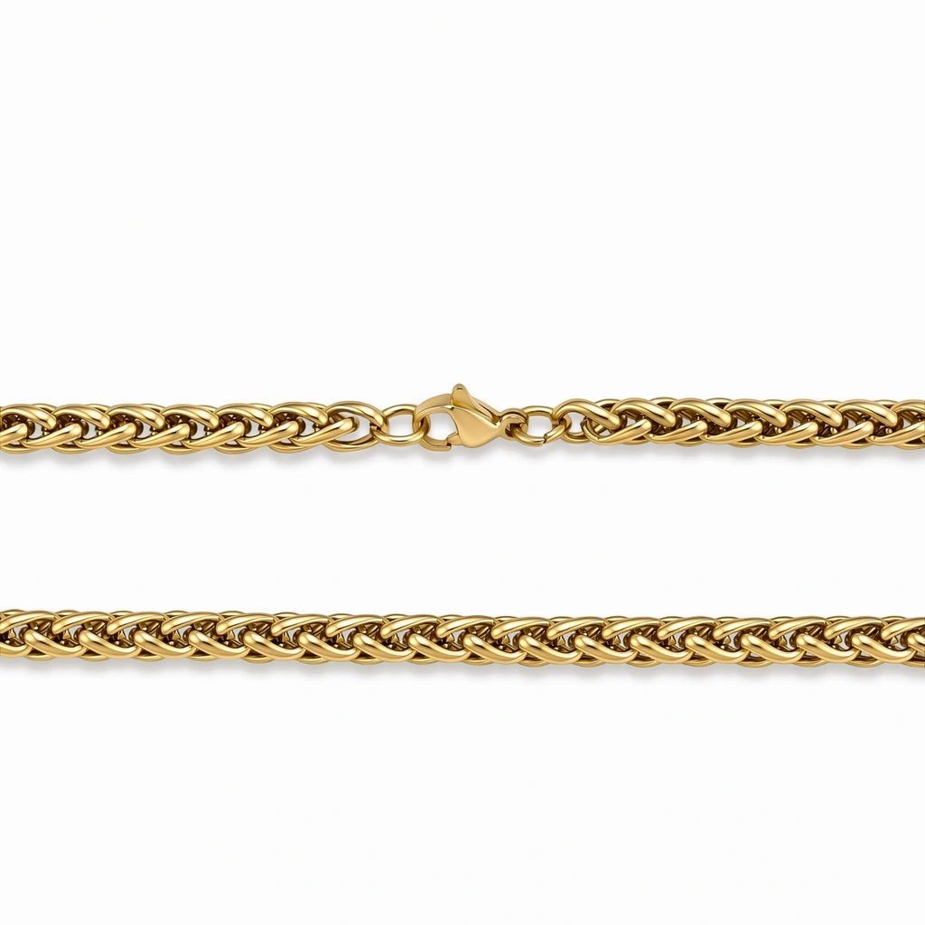 18K gold-plated stainless steel wheat chain necklace, 4.2mm wide, with lobster clasp, on off-white background.
