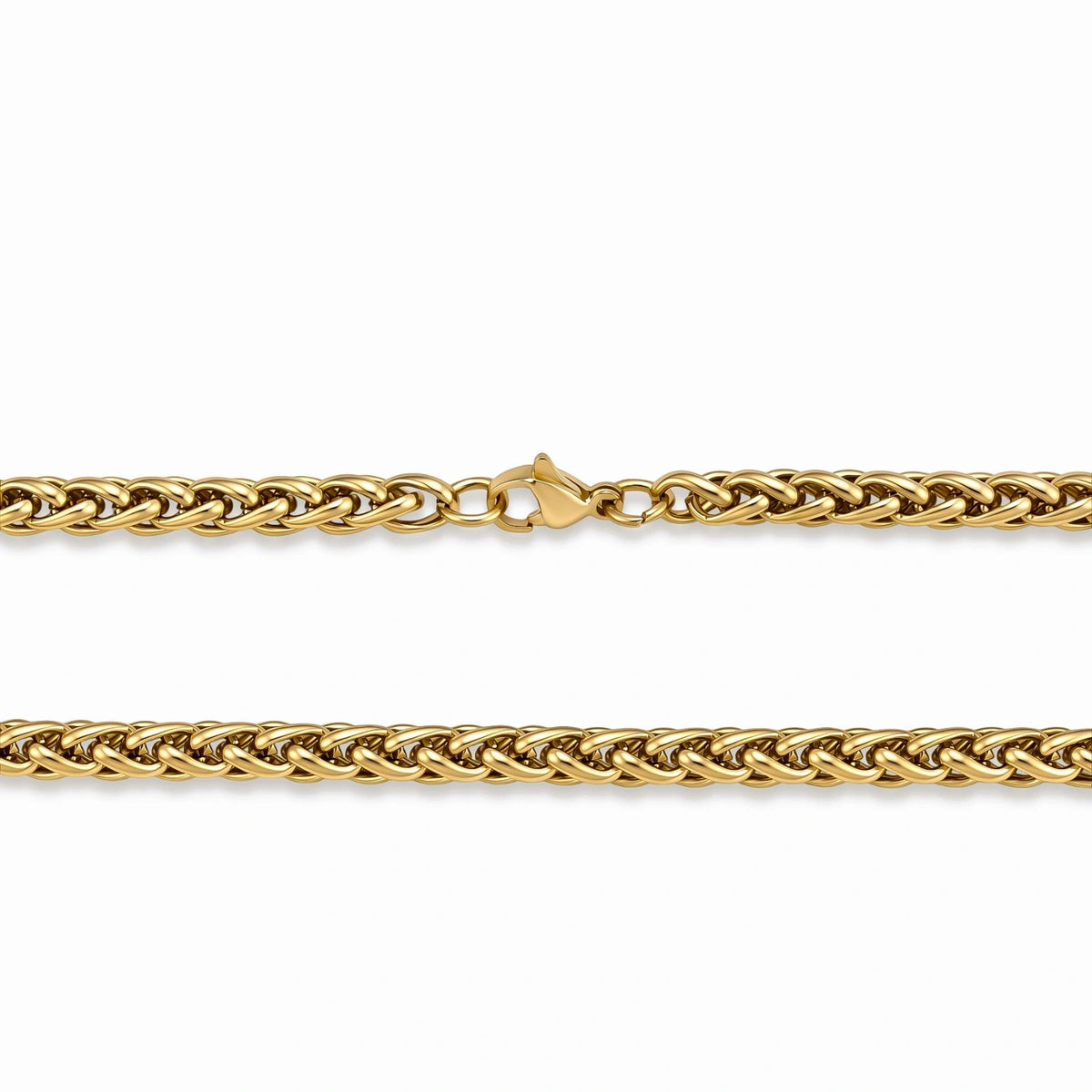 18K gold-plated stainless steel wheat chain necklace, 4.2mm wide, with lobster clasp, on off-white background.
