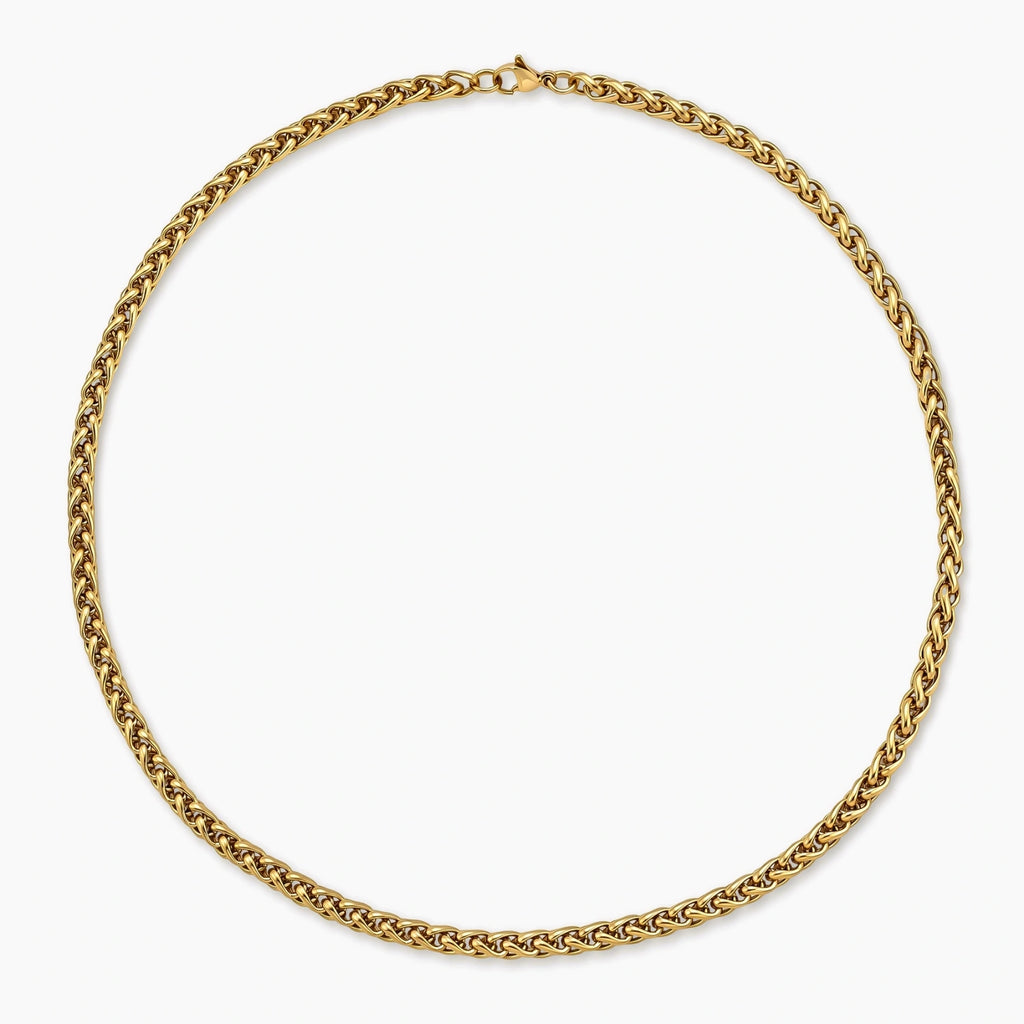 18K gold-plated stainless steel wheat chain necklace, 4.2mm wide, with lobster clasp, on off-white background.