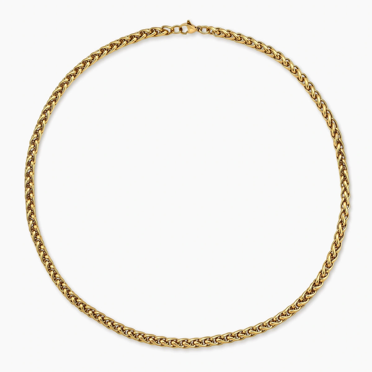 18K gold-plated stainless steel wheat chain necklace, 4.2mm wide, with lobster clasp, on off-white background.